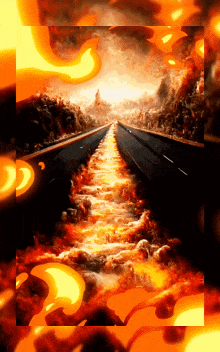 a painting of a road going through a burning landscape