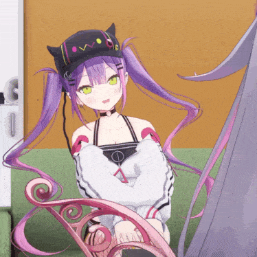 a girl with purple hair and green eyes is wearing a black hat with the letter w on it