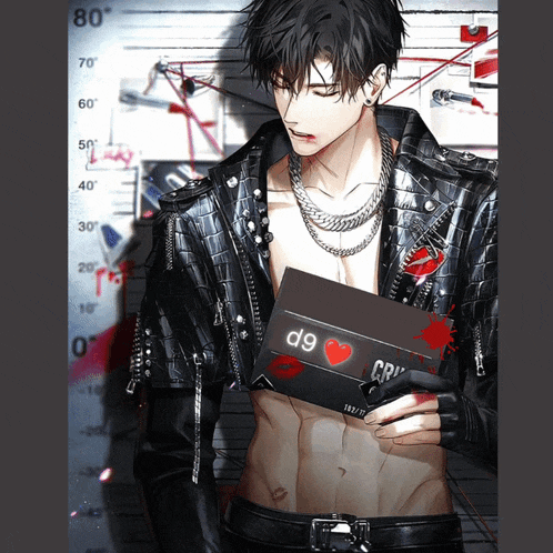 a man in a leather jacket is holding a piece of paper that says d9 on it