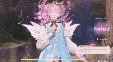 a girl with pink hair and wings has a perfect score of 61284