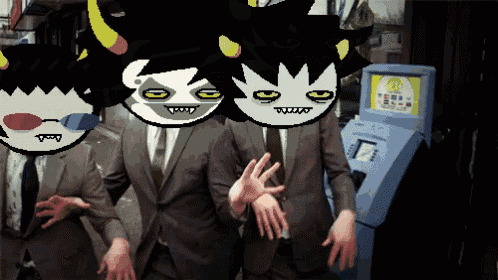 a group of men in suits are dancing in front of an atm machine