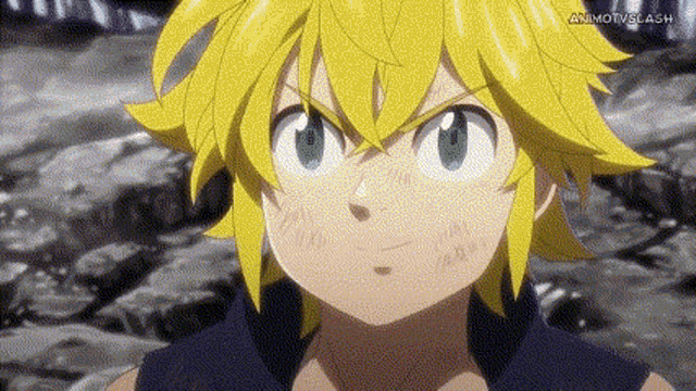 a close up of a person 's face with a yellow hair and blue eyes .