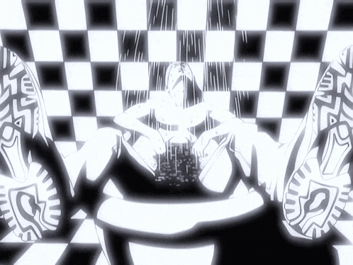 a black and white drawing of a person sitting in front of a checkered wall