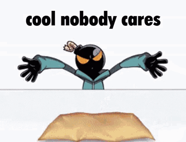 a cartoon character is sitting at a table surrounded by food with the words cool nobody cares written on the bottom