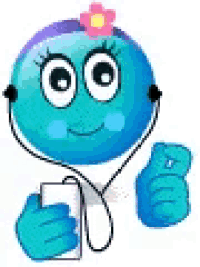 a blue smiley face with headphones on is listening to music on an ipod and giving a thumbs up .
