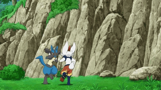 a couple of cartoon characters standing in front of a rock wall