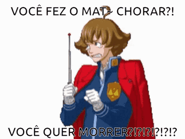 a pixelated image of a man holding a stick with the caption " você fez o mat chorar ? "