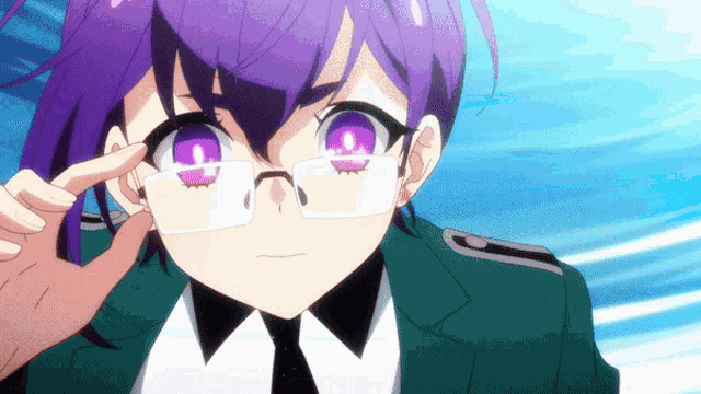 a girl with purple hair and glasses is wearing a green suit