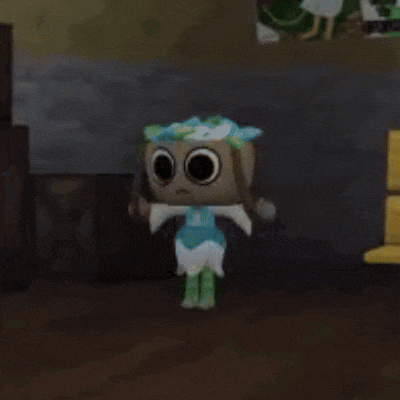 a cartoon character is standing next to a wooden bench in a room .