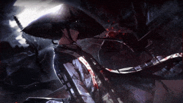 a man wearing a hat and a sword has blood coming out of his mouth
