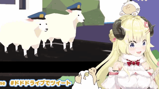 a girl with horns and a sheep on her head is standing next to a sheep