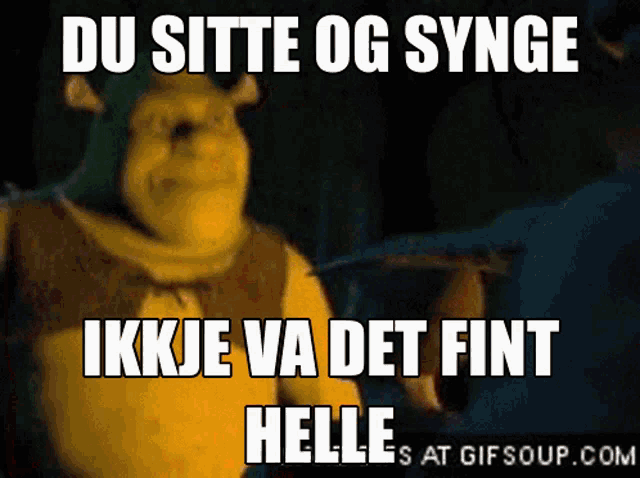 shrek from the movie shrek says du sitte og synge ikkie va det fint helle