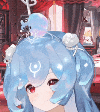 a girl with blue hair has a jellyfish on her head with the letter u on it