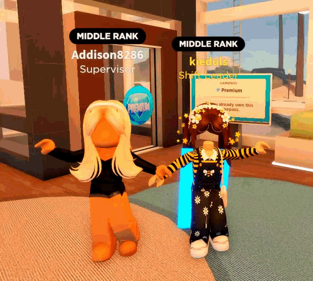 two girls are standing in front of a sign that says premium