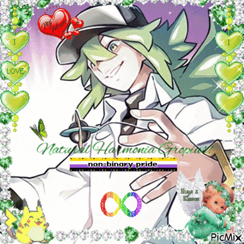 a picture of a man with green hair and the words natural harmonia tropica on it