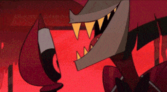 a cartoon character with sharp teeth and a red hat is standing next to another cartoon character .