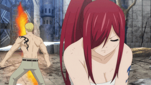 a man with a tattoo on his back stands in front of a woman with red hair
