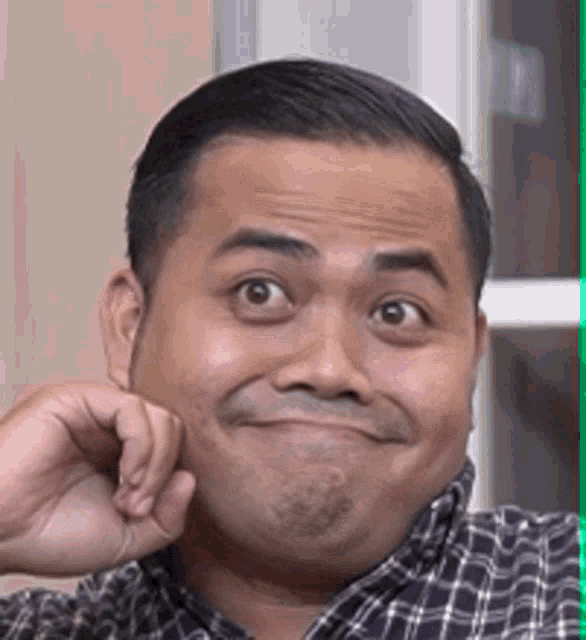 a man wearing a plaid shirt is making a funny face with his hand on his chin .