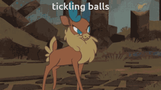 a cartoon drawing of a deer with the words tickling balls below it