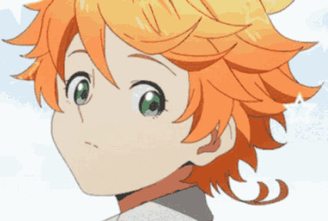 a girl with orange hair and green eyes is looking up