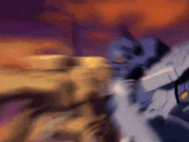 a blurry picture of a robot fighting another robot with a purple background