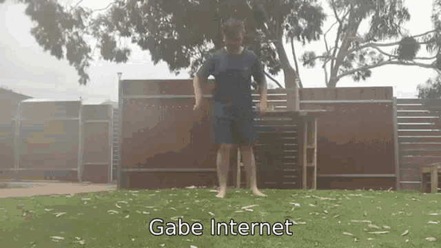 a man is standing on a grassy field with the words gabe internet written on the bottom