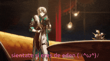 a cartoon of a man standing next to a table with the words " sientate si eres de eden " below him