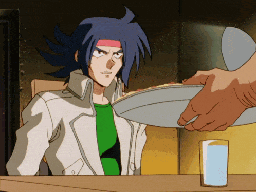 a cartoon character with blue hair and a green shirt is being served a plate of food