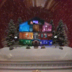 a christmas scene with a stained glass window and trees in front of it