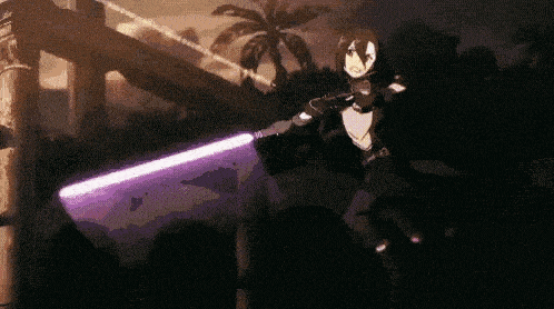 a sword art online character is holding a purple light saber in a dark room .