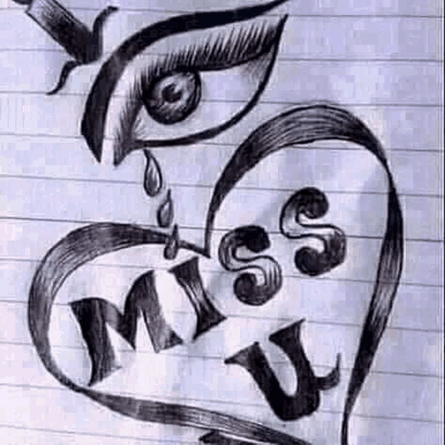 a black and white drawing of a heart with the words `` miss u '' and a crying eye .