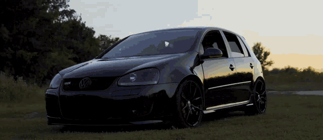a black volkswagen is parked in the grass