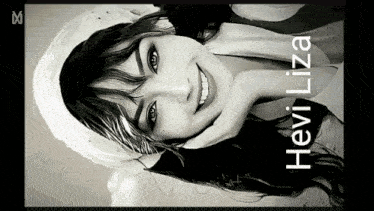 a black and white photo of a woman with the name hevi liza on it