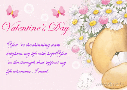a valentine 's day greeting card with a teddy bear holding flowers
