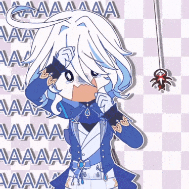 a drawing of a girl with white hair and a spider hanging from a string