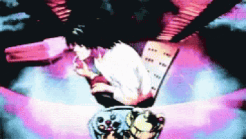 a pixelated image of a person sitting on a table with a purple background