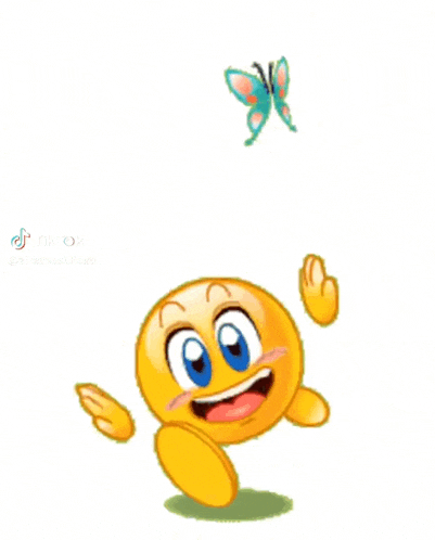a smiley face is standing in front of a butterfly flying over it .
