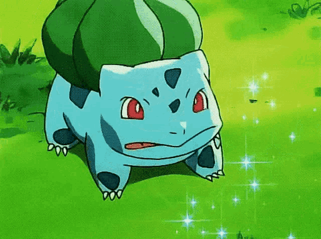 a cartoon pokemon with a green hat is sitting on a green field .