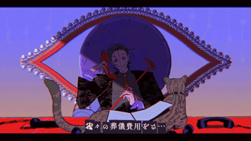 a cartoon of a man talking on a phone with chinese writing on the bottom