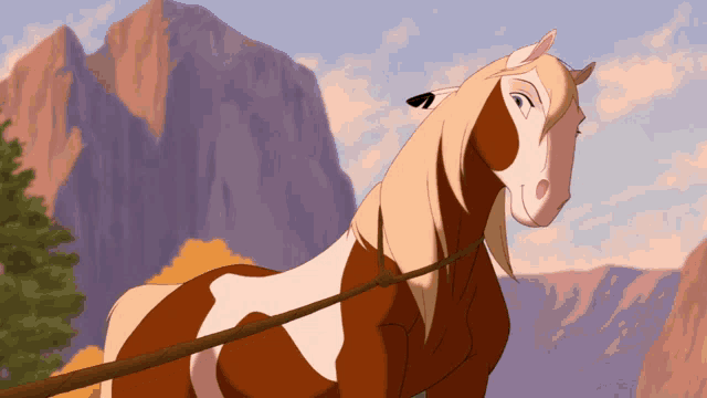 a brown and white horse with a rope around its neck
