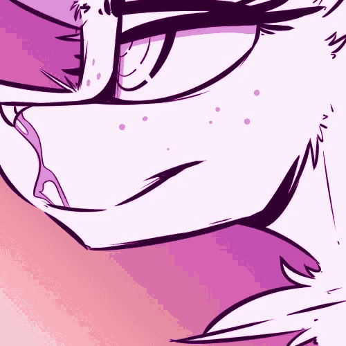 a close up of a drawing of a person 's face with glasses and a purple background .