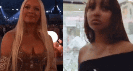 two women are standing next to each other in front of a crowd . one of the women is blonde and the other is black .