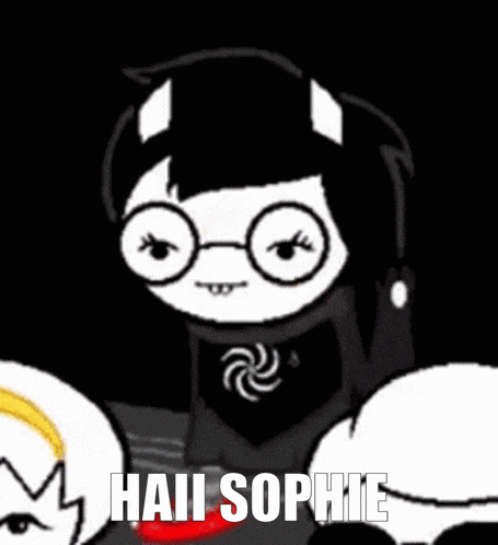 a cartoon character with glasses and the words haii sophie on the bottom