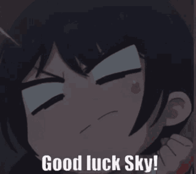 a cartoon girl says good luck sky with a funny face