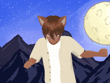 a man with cat ears stands in front of a mountain with a full moon in the background