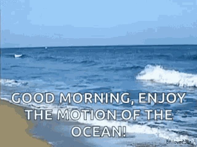 a picture of a beach with the words `` good morning enjoy the motion of the ocean ''