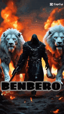 a man with a sword is surrounded by two white lions with the name benbero on the bottom right