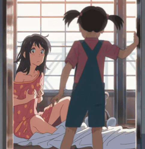 a girl in overalls is standing next to a girl in a pink shirt
