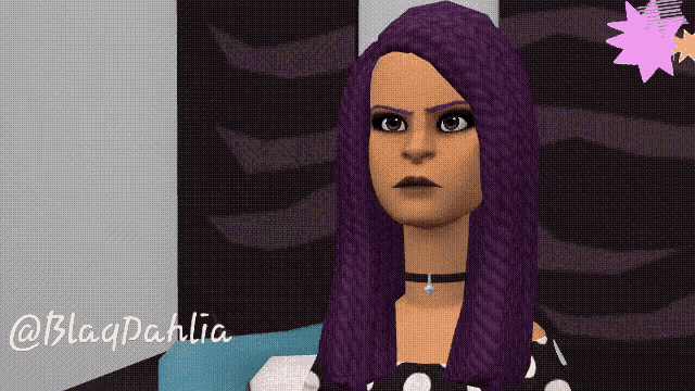 a cartoon of a woman with purple hair and the name @blaydahlia