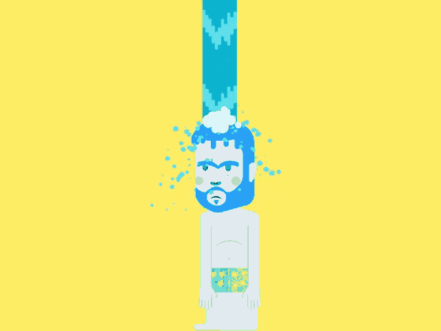 a man with a blue beard is taking a shower with water coming out of his head